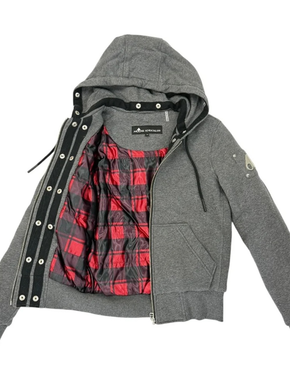 Moose Knuckles Gray Hooded Jacket with Red Plaid Lining